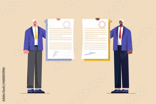 Two businessmen holding up signed contracts with official seals and signatures on a plain background