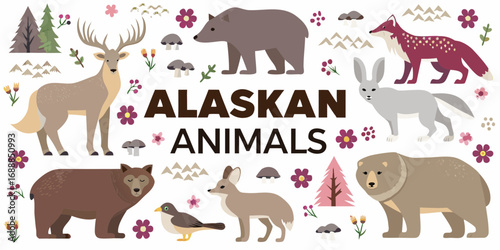 Collection of alaskan animals and nature elements in a flat design style