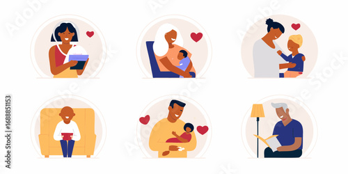 Diverse family moments and generational love depicted in a charming flat illustration style