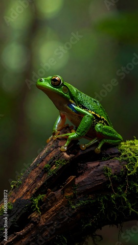 Green frog on a mossy log
