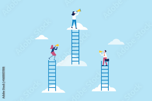 Diverse business people climb ladders to clouds looking through telescopes for future opportunities