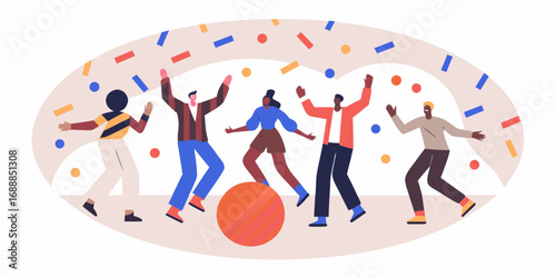 Diverse group of people celebrating and dancing joyfully under falling confetti and abstract shapes