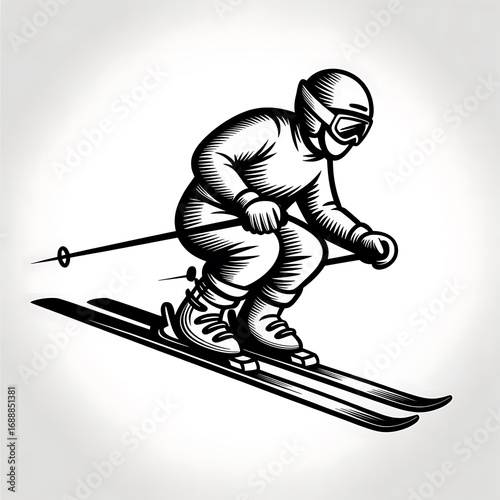 Monochrome Skier Illustration Mid Action with Skis and Poles Ready for the Slopes in the Snow