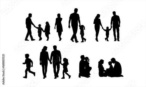 Happy Family Silhouette Vector, Parents and Children Silhouette