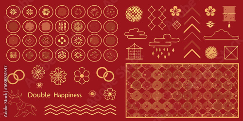 Collection of chinese new year and wedding elements including flowers clouds lanterns and the double happiness symbol