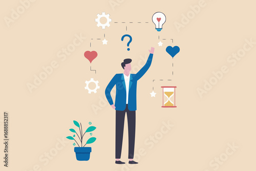 Man contemplating life choices and opportunities with symbols of ideas time and emotions