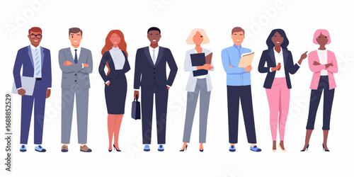 Diverse group of business professionals standing together in professional attire with confident expressions