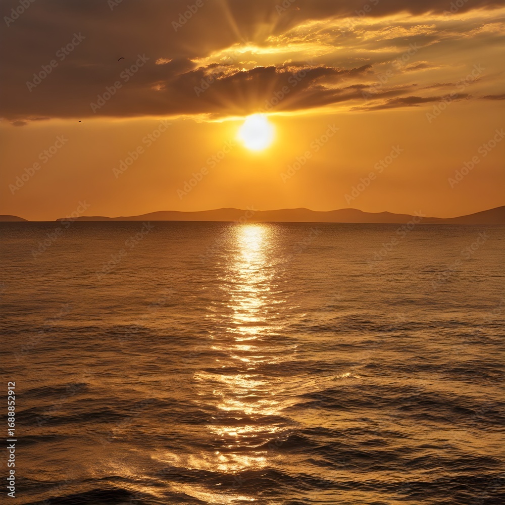 Obraz premium Golden sun dips below horizon, painting ocean with fiery glow.