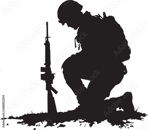 Black silhouette of kneeling soldier in front of upright rifle, symbolizing tribute, remembrance, and military sacrifice
