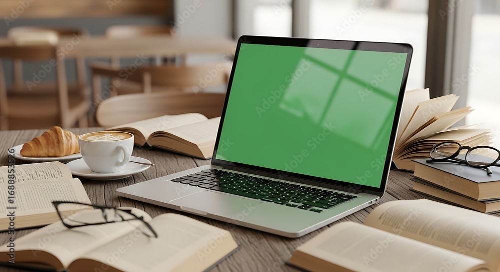 Fototapeta premium Laptop with green screen surrounded by open books and a coffee cup on a table