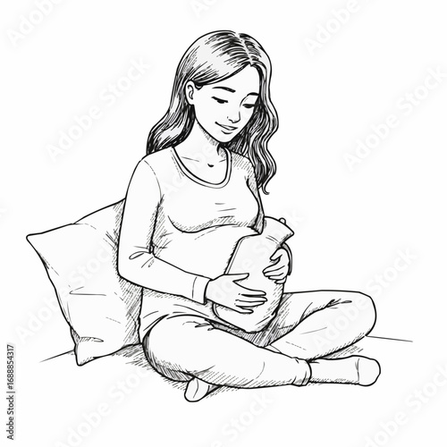Pregnant woman sitting with hot water bottle on sofa at home  