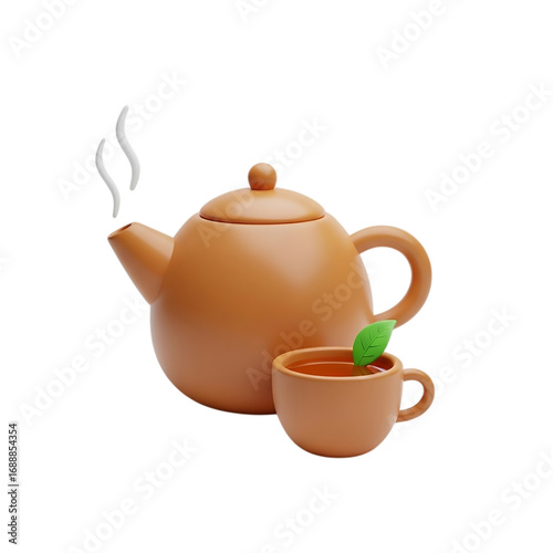 3d icon of teapot and cup of tea isolated on transparent background