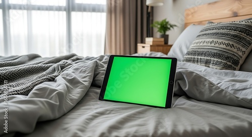 Digital tablet with a blank green screen mockup resting on a comfortable bed in a bedroom