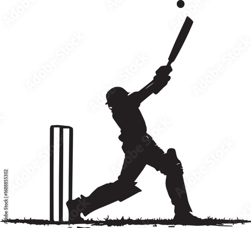 Black silhouette of a cricket player batting with raised bat and ball in motion, stumps visible, symbolizing action and sport