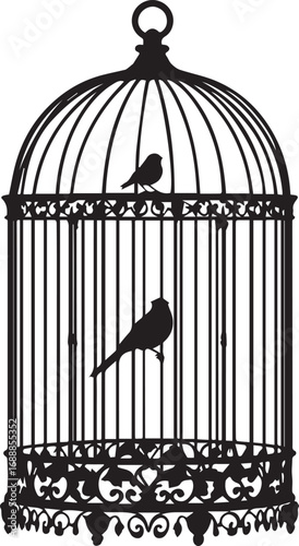 Black silhouette of ornate birdcage with two birds inside, symbolizing confinement, elegance, and vintage decorative style