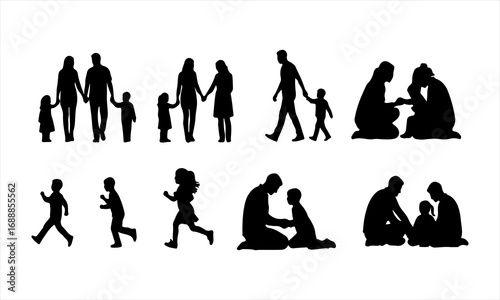 Happy Family Silhouette Vector, Parents and Children Silhouette
