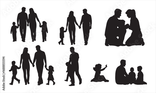 Happy Family Silhouette Vector, Parents and Children Silhouette