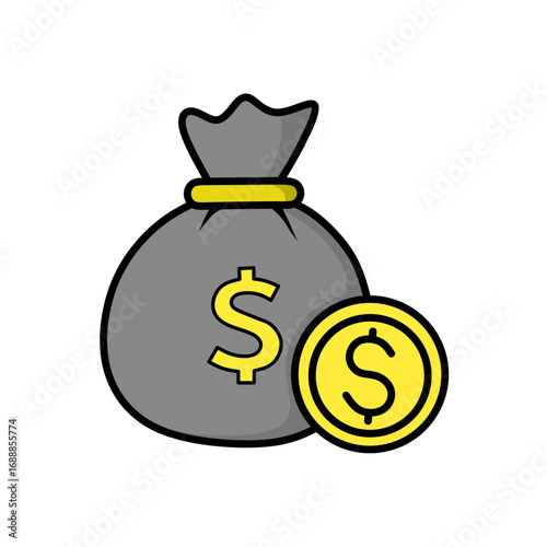 Vector illustration of money bag with gold coin. Suitable for finance, savings, business, and wealth concepts | Ikon Vektor Karung Uang dengan Koin