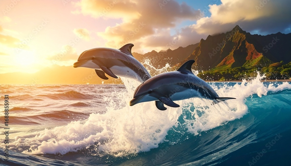 Fototapeta premium Coastal beach scene with turquoise waves, leaping dolphins, sandy shore, green mountains, and partly cloudy blue sky.