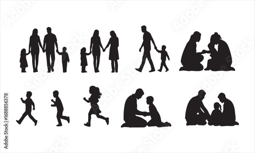 Happy Family Silhouette Vector, Parents and Children Silhouette