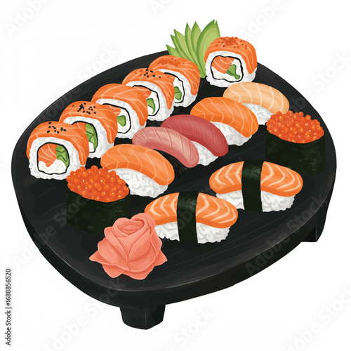 An exquisite 2D flat vector illustration features a sushi platter with an assortment of nigiri, maki, and sashimi, garnished with ginger and wasabi on a clean white background.