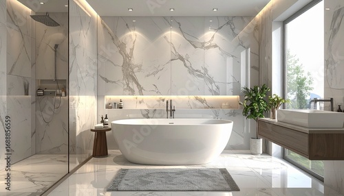 Luxurious modern bathroom with freestanding oval tub, marble tiles, ambient lighting, glass shower, floating vanity, and natural accents.