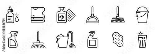 Cleaning Supplies Icons: Mop, Bucket, Sprays, Sponge, and More
