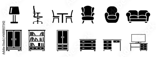 Collection of black and white furniture icons for interior design and home decor