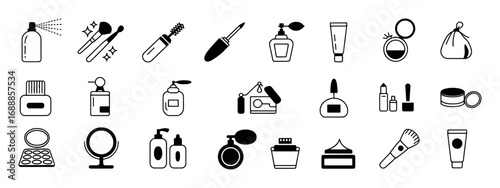 Collection of Black and White Icons Representing Various Beauty and Cosmetic Products