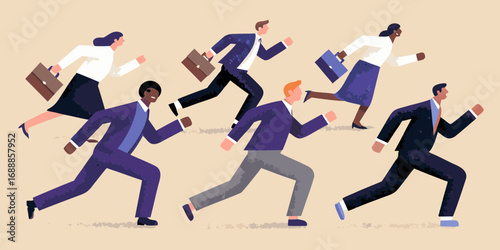 Diverse group of business professionals in suits running forward with briefcases representing a race or competition