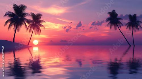 Vibrant Tropical Sunset with Palm Trees and Ocean Waves on a Serene Beach Island
