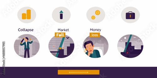 Financial crisis and market downturn illustrated with icons and scenes of collapse and loss
