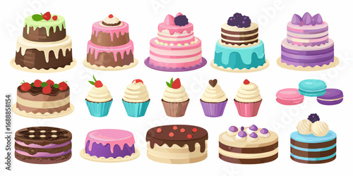 Collection of colorful and delicious cakes and cupcakes decorated with fruits and frosting