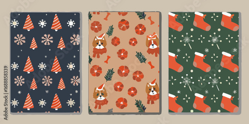 Cute christmas patterns featuring dogs snowflakes and festive trees and stockings