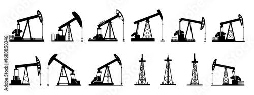 Collection of Black Silhouettes of Oil Pumpjacks and Drilling Rigs