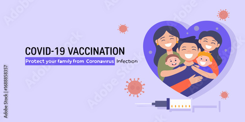 Happy family protected by covid 19 vaccination represented by a heart and syringe illustration