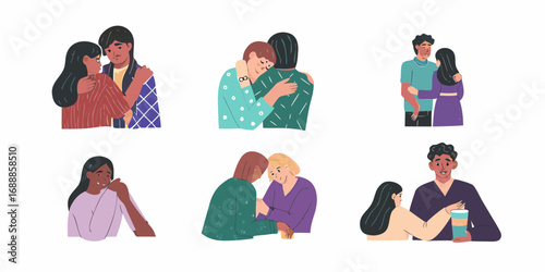 Diverse people offering comfort and support through hugs and empathetic gestures