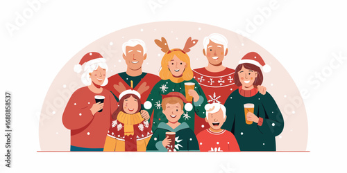Happy multi generational family wearing festive christmas sweaters and hats celebrating together with drinks