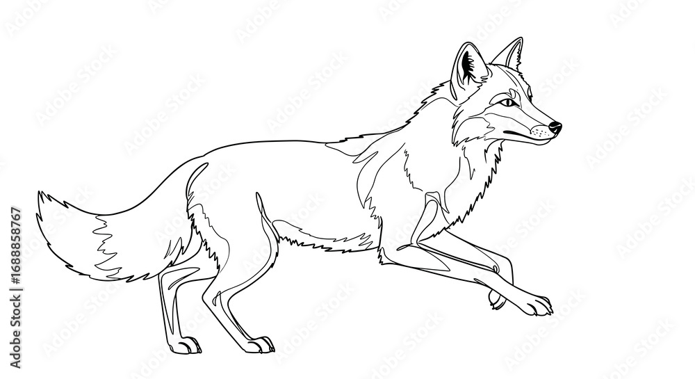 Fototapeta premium Running fox illustration in black and white line art style 