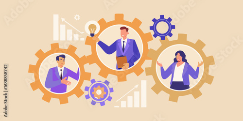 Business team collaboration and synergy represented by interconnected gears and people working together