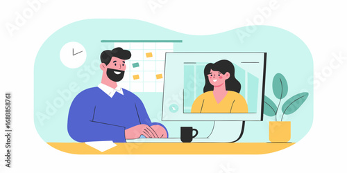Man and woman having a video call conversation on a computer screen in a modern office setting