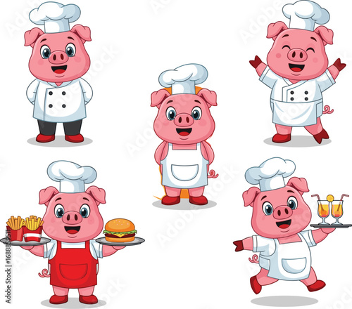 Cute pig chef cartoon characters in various poses cooking, serving food, holding drinks, wearing chef hats and aprons vector illustration.