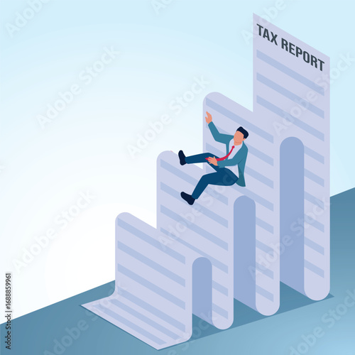 A man falls on a bumpy tax return. A metaphorical illustration of the exhaustion of tax season, tax reporting, and filing.