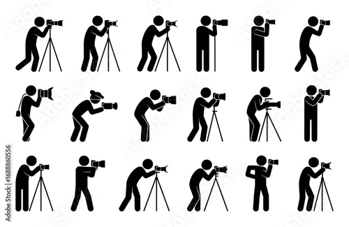 Collection of Stick Figure Photographers in Various Poses with Cameras