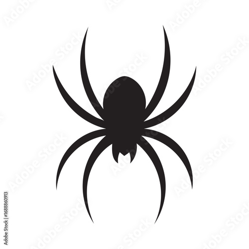 Black spider silhouette isolated on white background for Halloween design, decoration, logo, tattoo, or spooky art