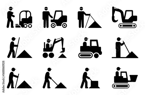 Construction worker icons with heavy machinery and manual labor