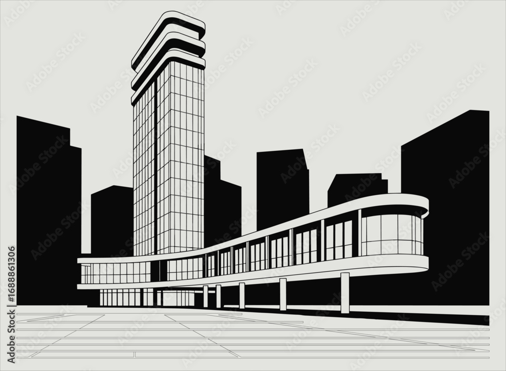Fototapeta premium Futuristic cityscape vector illustration. Modern architecture with curvilinear design. Urban skyline element.