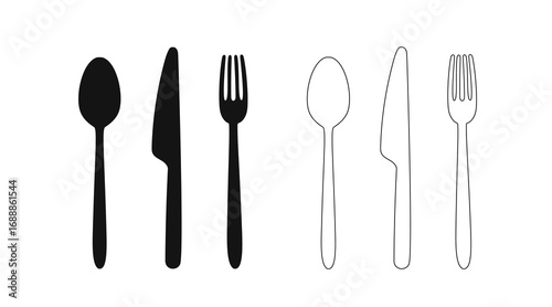 Classic dining utensil icons – black silhouette and outline of fork, knife, and spoon – ideal for food packaging, menu design, and culinary websites.