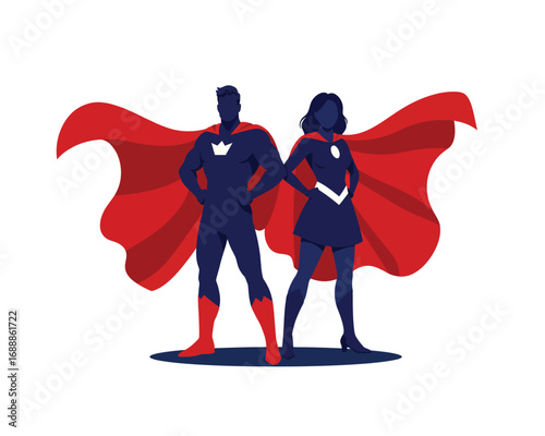 Dynamic duo of superheroes standing proudly with red capes against