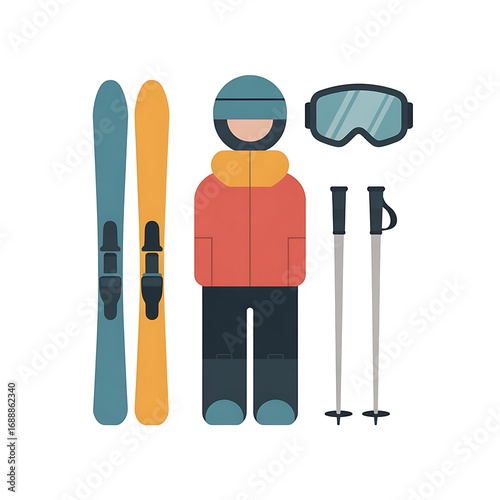 Stylized Illustration of Skier with Gear Ready for the Slopes Awaiting Winter Fun and Adventure
